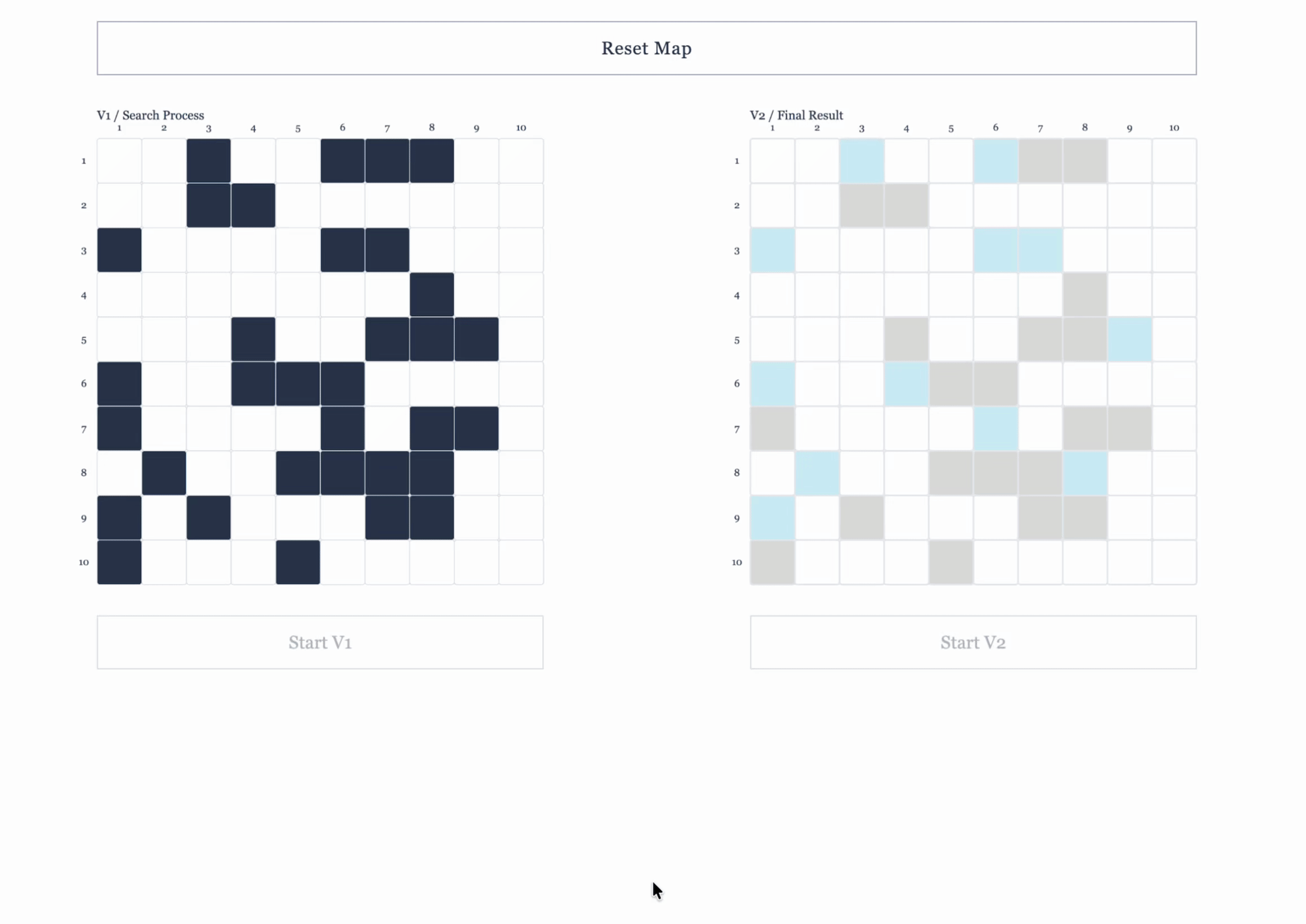 Animated side-by-side comparison of a search process and its final result